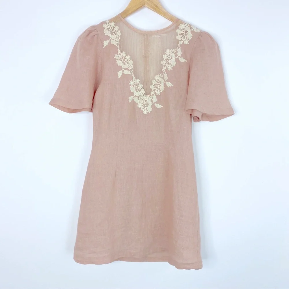 Tularosa Women’s Levy Mini Linen Natural Pink Embroidered Dress Medium New - Picture 3 of 5